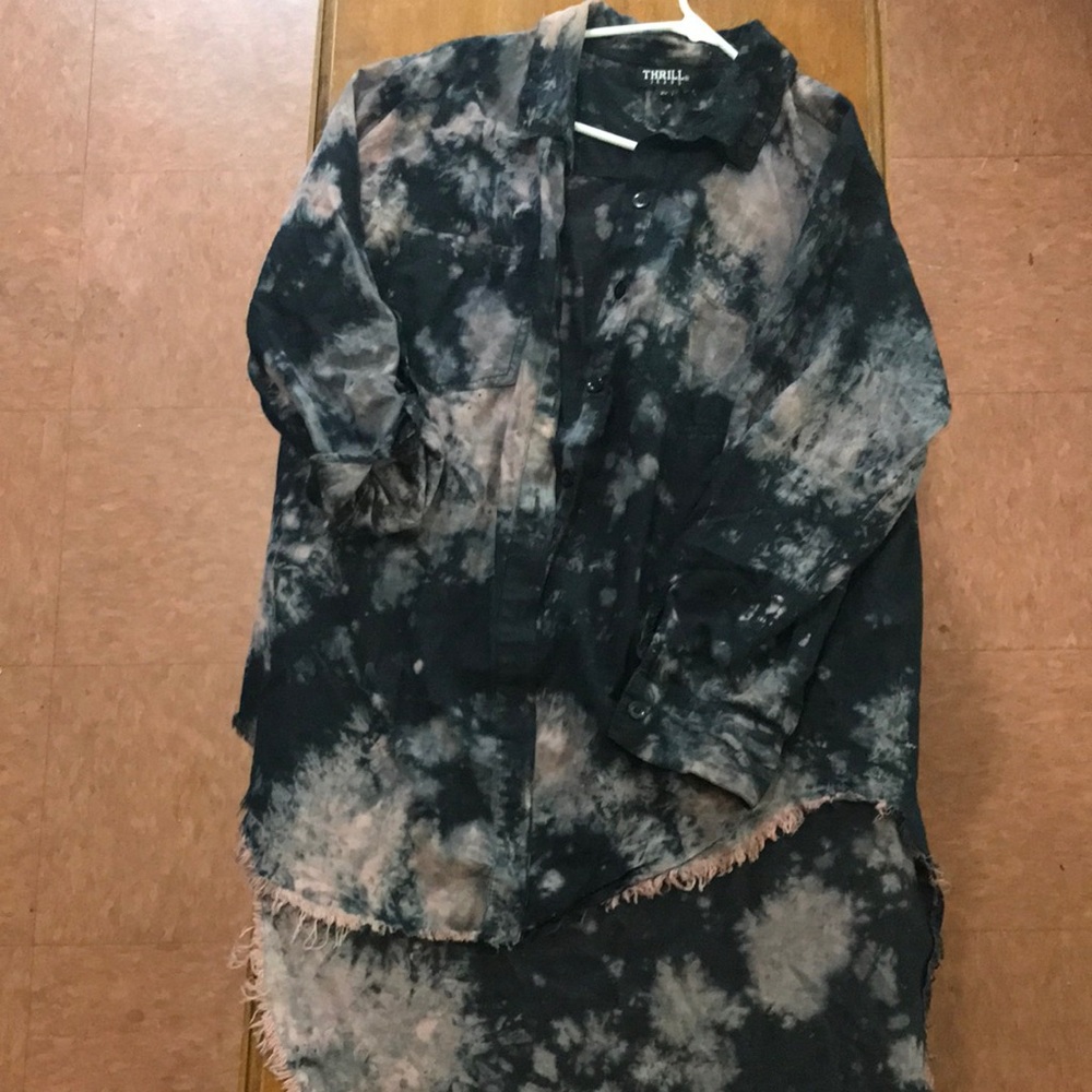 Thrill Jean’s Woman’s Distressed Denim Shirt with Unique Tie dye